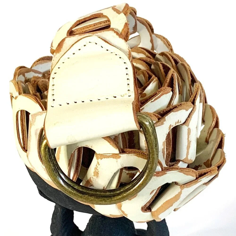 Vintage Express Womens Off White Genuine Leather Distressed Loop Belt Size Large